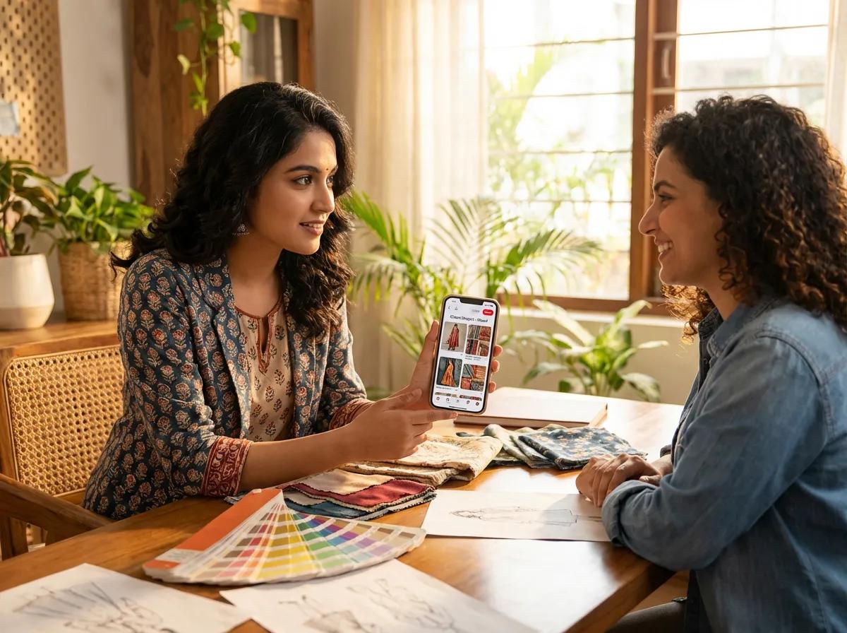 Indian designer reviewing saved Pinterest photo references on her phone in a bright studio