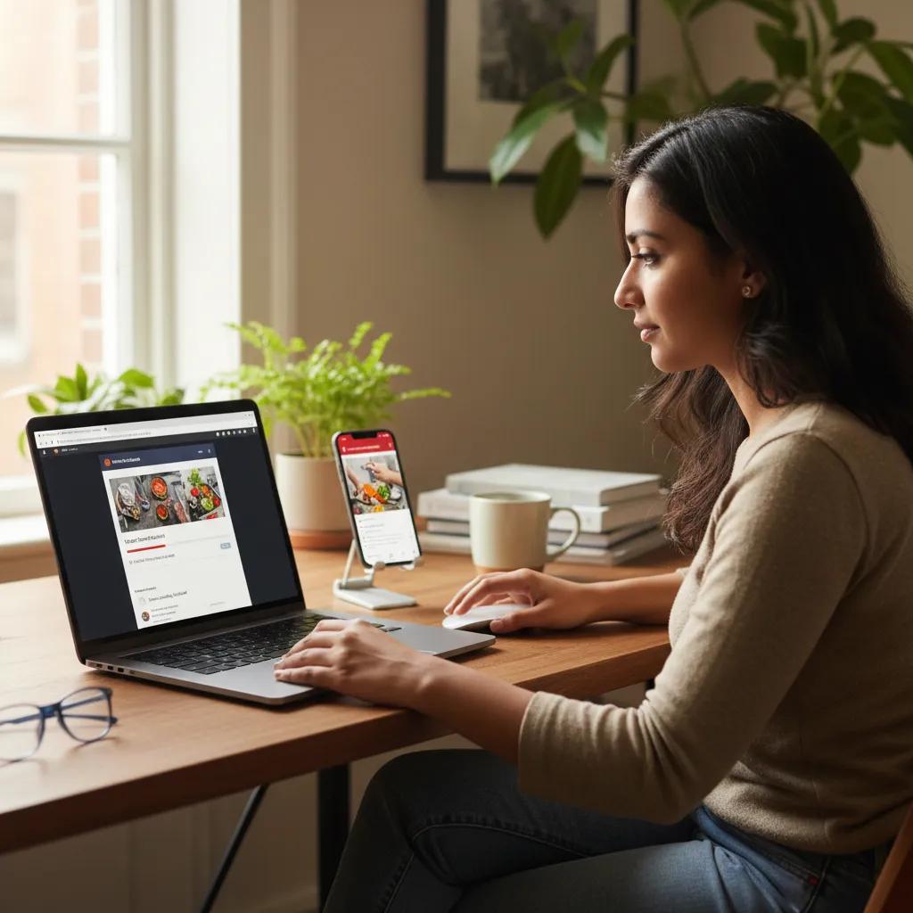 Young Indian woman saving Pinterest video on her smartphone at home